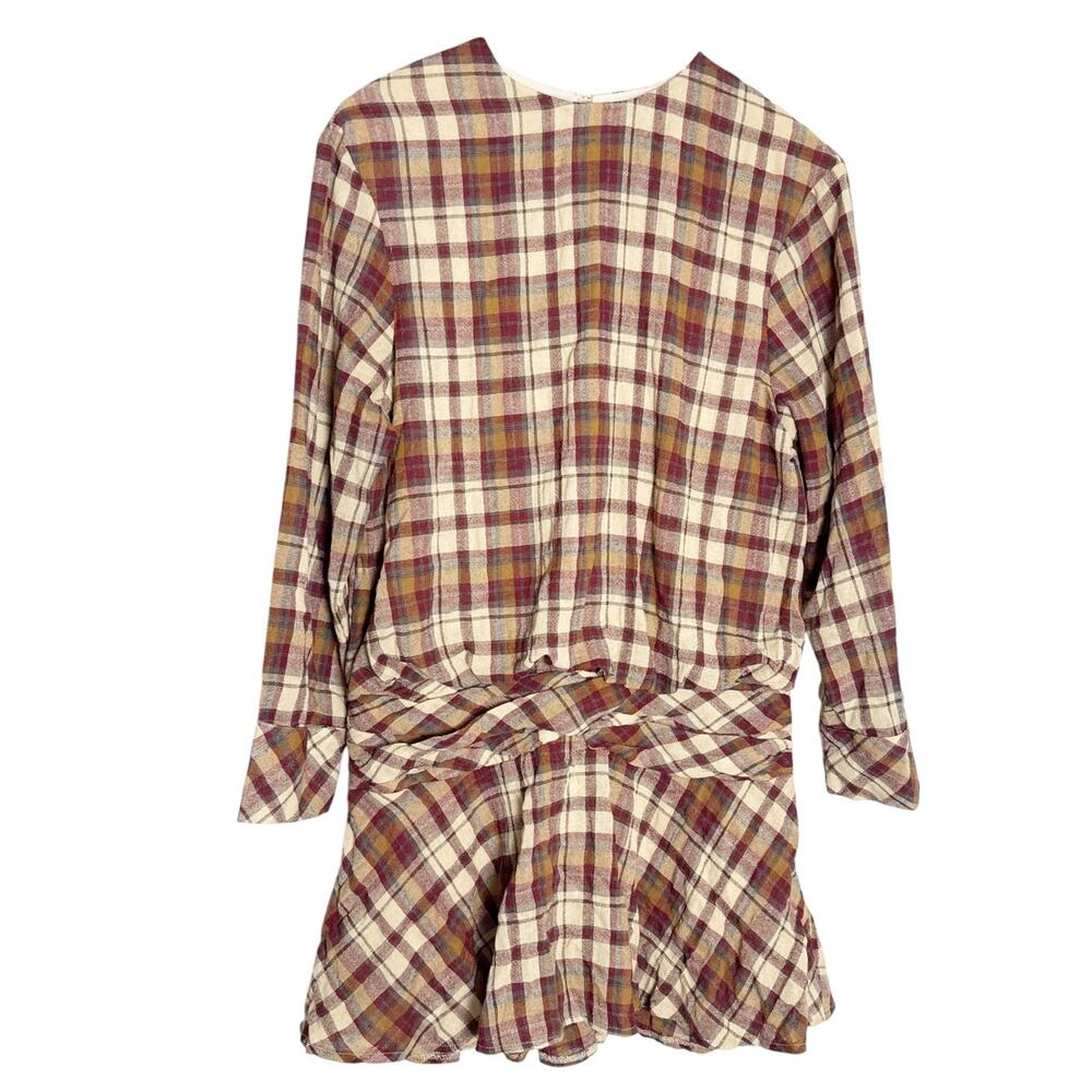 Zara Ecru Maroon Plaid Long Sleeve Ruched Flounce Flare Blogger Mini Dress Small